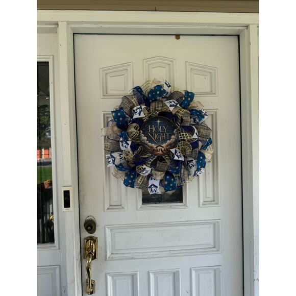 Holy Night Nativity Wreath Christmas Door Decor | Blue and Gold Holiday Wreath - Picture 9 of 9